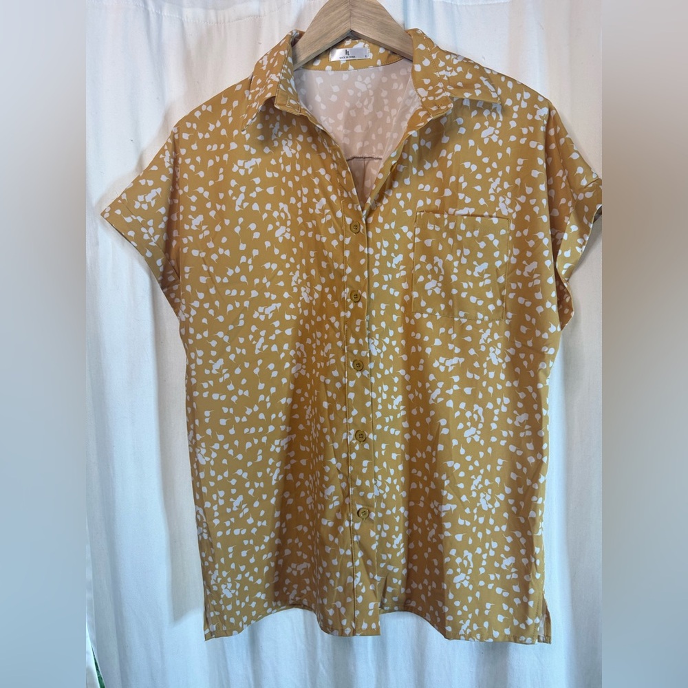 Mustard Yellow Button-Up Shirt with White Leaf Pattern